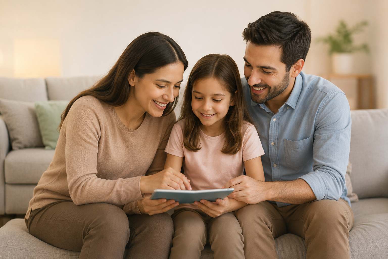 Familia sonriendo mientras revisan actividades juntos en el sofá