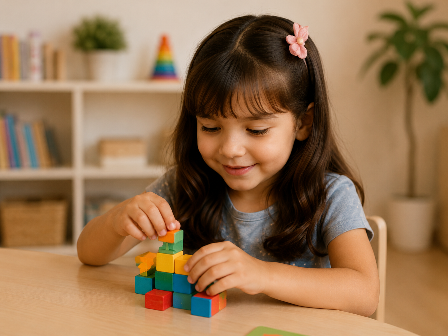 Niña jugando con bloques de construcción, representando a los niños y adolescentes atendidos en Illuminare